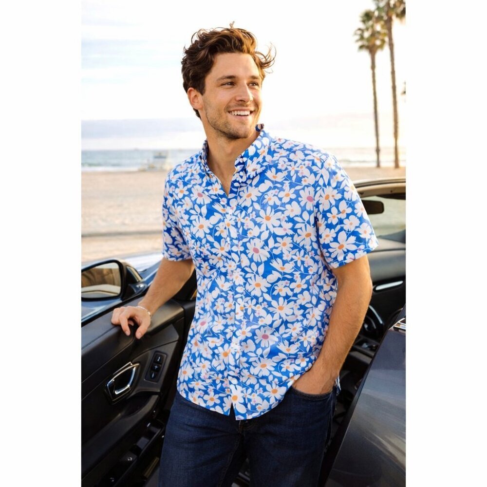 J Crew Slim XL Blue Hawaiian Camp Shirt Button Down Cotton Preppy Beach Coastal